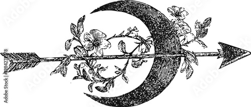 Vintage crescent moon with floral ornament and arrow design, mystical celestial illustration