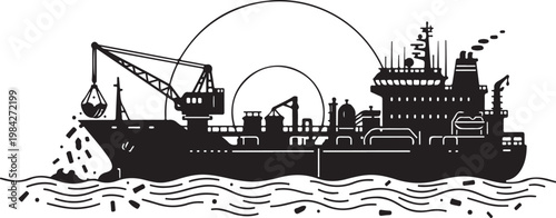 Industrial cargo ship, black silhouette, ocean transport, vector illustration