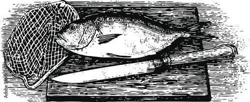 Fresh fish on wooden cutting board with knife and fishing net seafood preparation and rustic kitchen tools