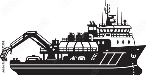 Fishing Trawler, Industrial Boat, Black Vector Illustration, Nautical Icon, White Background