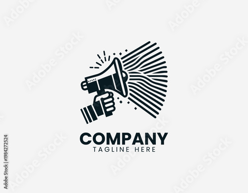 Hand holding megaphone with sound waves is illustrated in clean black vector logo style on white background for marketing and communication branding use