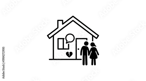 Couple Standing Outside House With Broken Heart and Speech Bubble