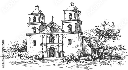 Historic colonial church with twin bell towers and detailed stone facade surrounded by trees and shrubbery