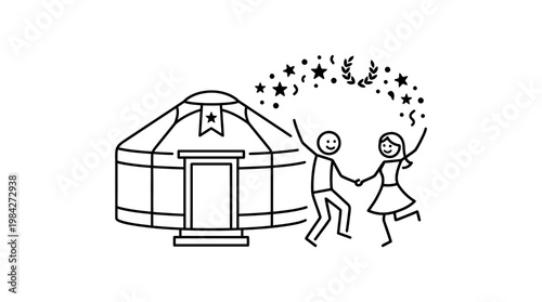 Joyful Couple Dancing Near a Traditional Yurt