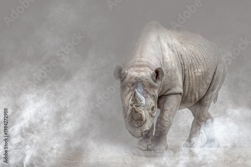 Black Rhinoceros walking through atmospheric mist with copy space