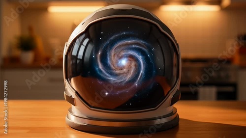 Astronaut helmet reflecting swirling galaxy in modern kitchen