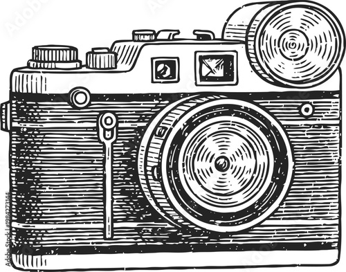 Vintage camera illustration with detailed lens and flash in black and white engraving