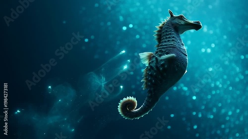 Fantasy seahorse creature swimming in deep ocean