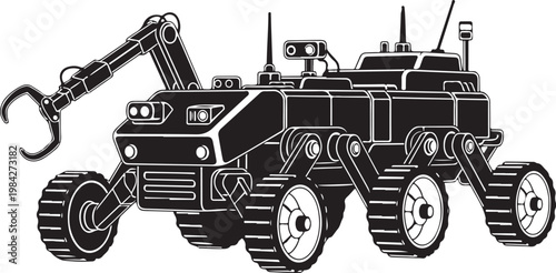 Industrial robot, mechanical vehicle, heavy machinery, construction equipment, black and white vector