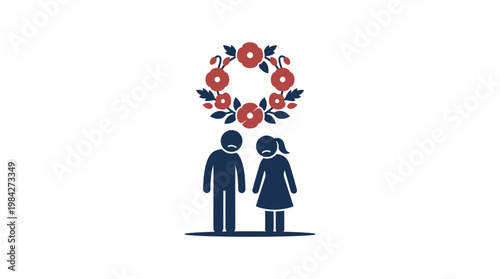 Sad Couple Under a Floral Wreath Grief and Loss Concept