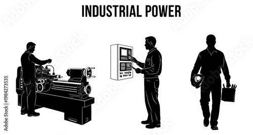 Industrial workers operating machinery and control panel with tools