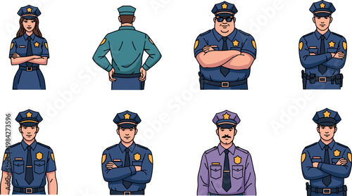 Police officer character set with different poses and uniforms including male and female cops isolated vector illustration collection