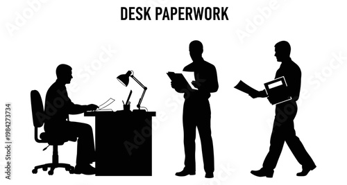 Office workers performing desk paperwork and carrying documents in silhouette style