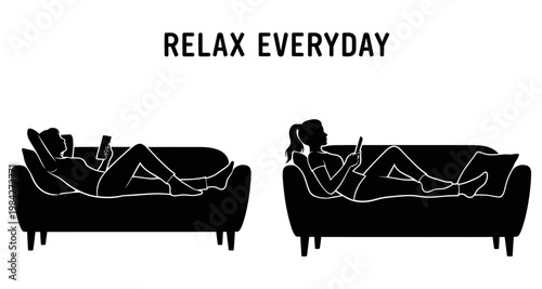 People relaxing on a sofa using their phones during leisure time