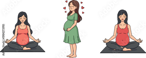 Pregnant woman yoga and relaxation poses with meditation and standing mother character isolated vector illustration for maternity wellness