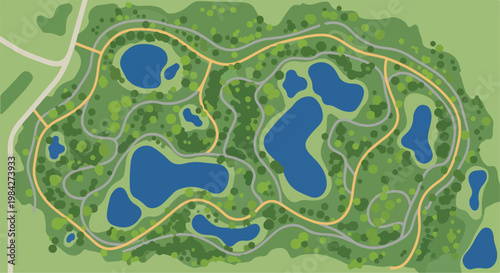Top-Down View of a Green Park with Blue Lakes and Winding Paths Illustration