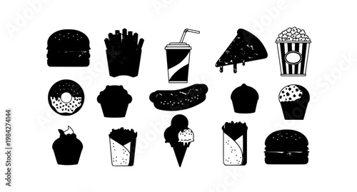 Fast food vector set with burger fries pizza hotdog soda donut ice cream flat icons isolated on white