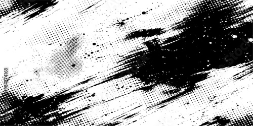 Abstract black brushstrokes across a textured, halftone-dot pattern canvas creating a dynamic, artistic visual of ink splash.