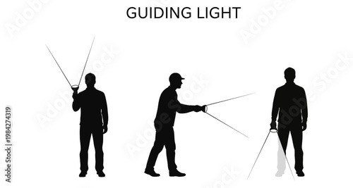 Silhouette figures holding guiding lights in different poses on white background