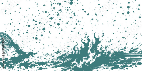 Abstract a mesmerizing teal-colored artwork, featuring a dynamic blend of brushstrokes, splatters, and organic forms, evoking a sense of raw energy and artistic expression.