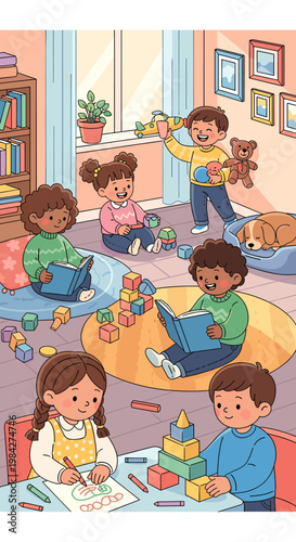 A diverse group of young children engaged in various playful and educational activities in a bright, well-lit room, including reading, drawing, and building with blocks.