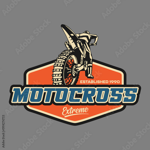 Fotografía Motocross Extreme Sport Emblem with Rider on Dirt Bike Vector Design