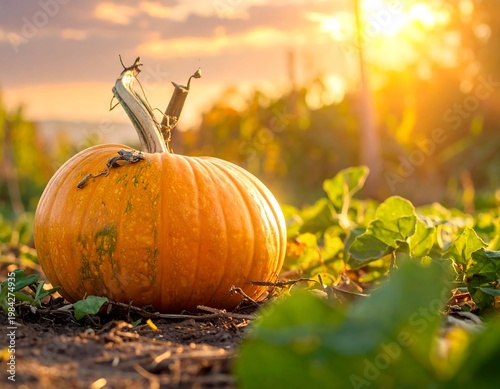Pumpkin basks in golden sunset light against a field with leafy plants in the foreground