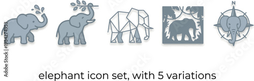 Set of elephant icons featuring five variations including walking, standing, front view, and trunk up poses in clean flat illustration style.