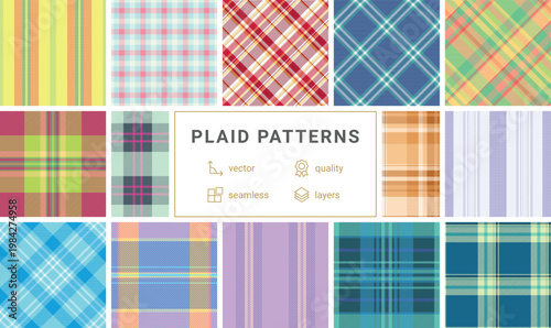 Plaid set for interior displays of stores. Harmonized tartan designs suit summer collections and catalogs. Seamless vectors maintain rhythm.