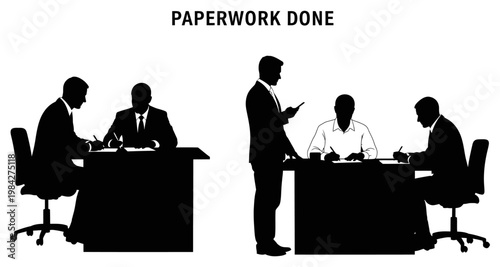 Silhouettes of businessmen completing paperwork at desks during a meeting