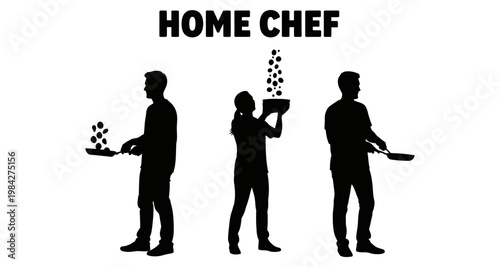 Silhouettes of home chefs preparing food with ingredients against a white background