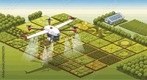 Innovative agricultural drone applies precise spraying over patterned farm fields, illustrating modern smart farming techniques for sustainable crop yields