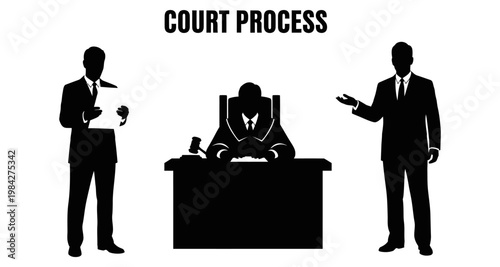 Silhouettes of judge lawyers and witness in court during legal proceedings