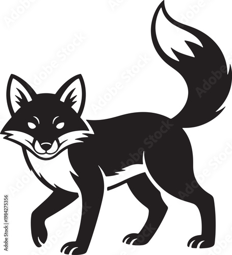 Black and white minimalist of a walking fox with a bushy tail animal wildlife