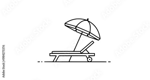 Beach lounge chair and parasol line icon scene editable stroke sunbed summer travel outline vector illustration