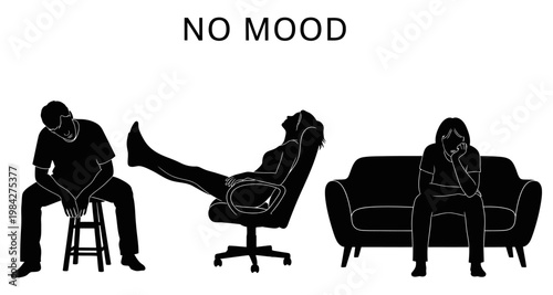 Silhouettes of individuals in slumped postures conveying low mood and apathy