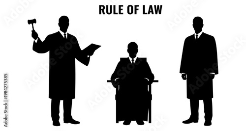 Silhouettes of judges in judicial robes with gavel and documents symbolizing justice and jurisprudence