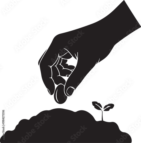 A hand planting a small seedling into the soil for growth and nurturing. silhouette vector icon