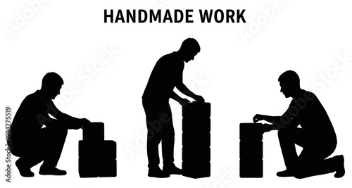 Silhouettes of men performing handmade work with blocks against a white background