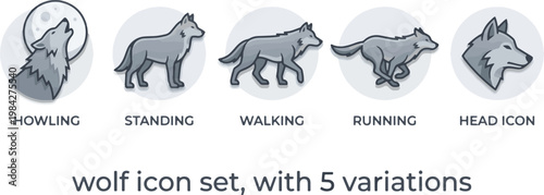 Set of wolf icons featuring five variations including howling, standing, walking, running, and head icon in clean flat illustration style.