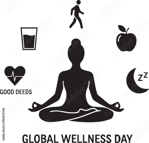 Promoting a Holistic Approach to Global Wellness Day with Icons Representing Health, Activity, Nutrition, Rest, and Altruism for a Balanced Lifestyle