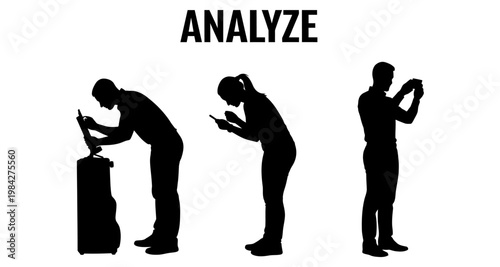 Silhouettes of people analyzing data on mobile devices in various poses