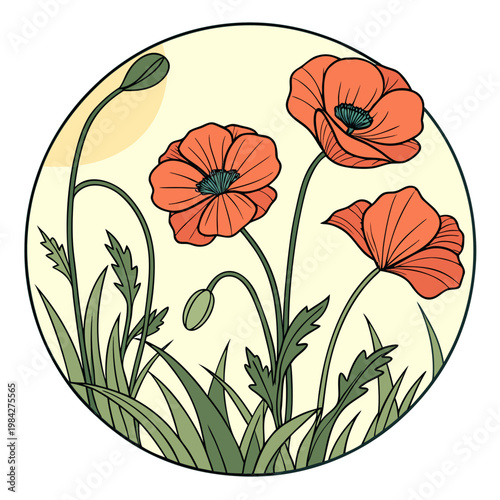 Elegant poppy flower arrangement in circular badge showing bright red blooms and curved green stems for eco friendly branding and decorative prints.