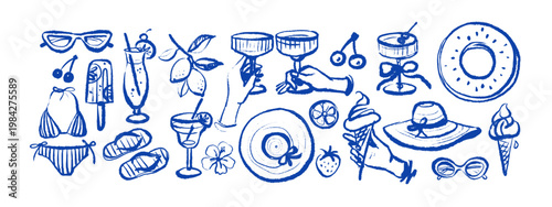 Hand drawn crayon tropical set. Dolce vita summer vibe. Vintage Italy Mediterranean coastal vacation poster. Vector sketch isolated illustration