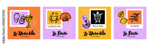 Vintage summer Italian Mediterranean coastal banners with postage stamps. Hand drawn vector illustration. Amalfi crayon sketch beach vacation design.