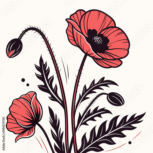 Elegant red poppy bouquet illustration featuring blooming flowers and delicate buds with thorny stems for botanical art and nature design projects.