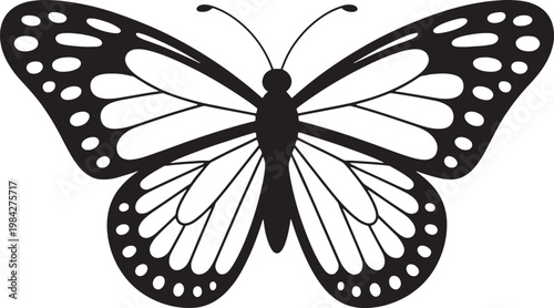 Black and white minimalist of a monarch butterfly with open wings and patterned details