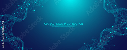 Modern digital technology background design with molecular plexus lines and dots. Futuristic network connection. Data flow. Abstract mesh, big data technology, AI, science, cyberspace.
