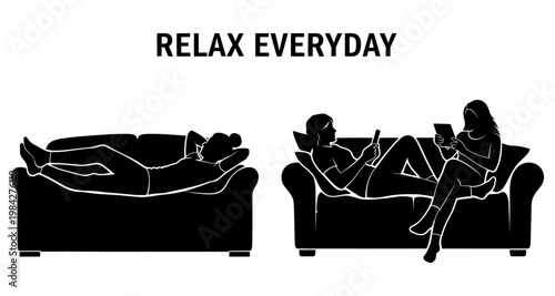 Silhouettes of people relaxing on sofas during everyday leisure time