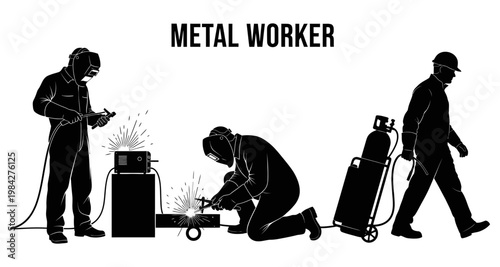 Silhouettes of welders with equipment for industrial construction and manufacturing